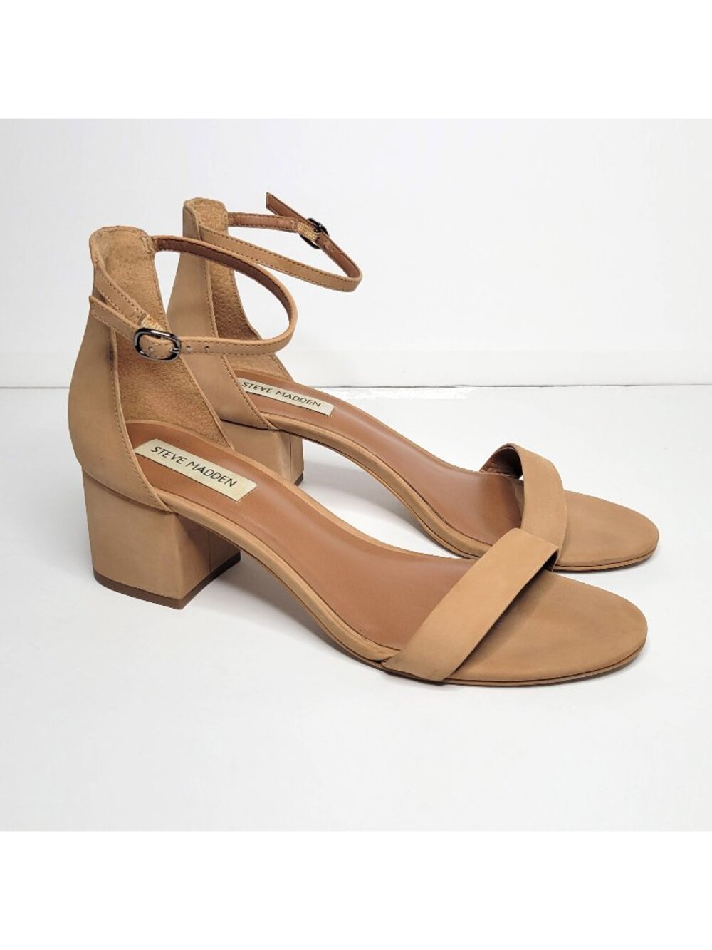 Steve Madden Women's Irenee Sandals Leather Suede Nude Tan Block Heels - 9.5